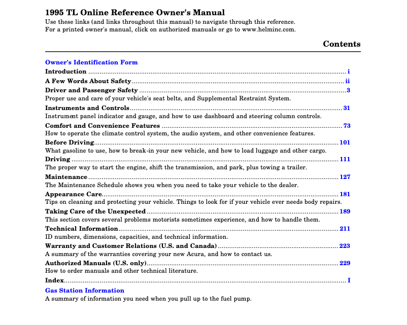 Page 1 de la notice Manuel utilisateur Acura TL (1995)