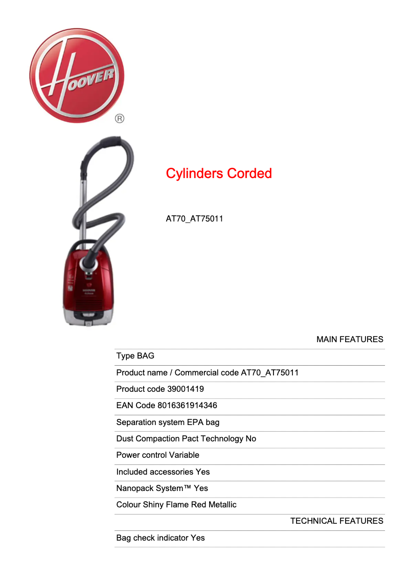Page 1 de la notice Fiche technique Hoover AT70_AT75011