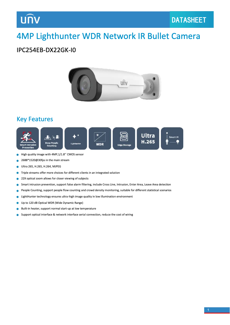 Page n°1 - Fiche technique UniView IPC254EB-DX22GK-I0