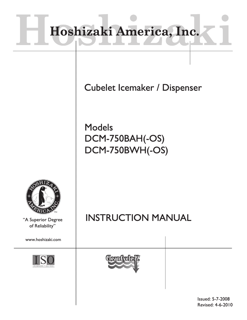 Page n°1 - Manuel utilisateur Hoshizaki SD-750