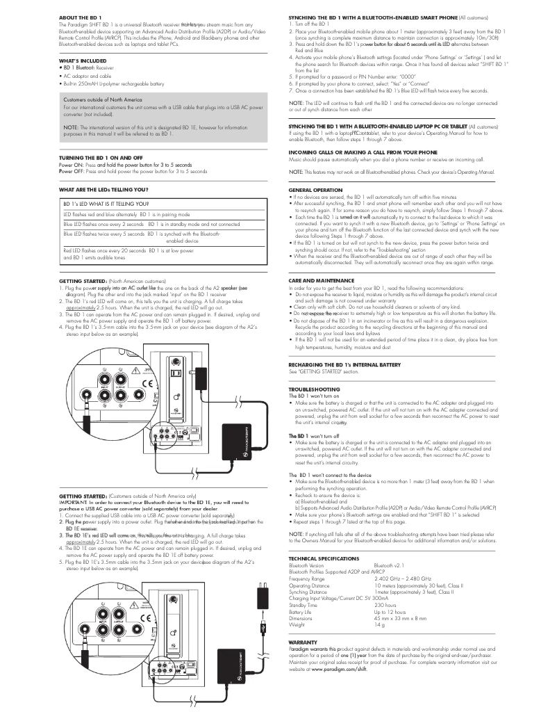Page 1 de la notice Manuel utilisateur Paradigm BD1