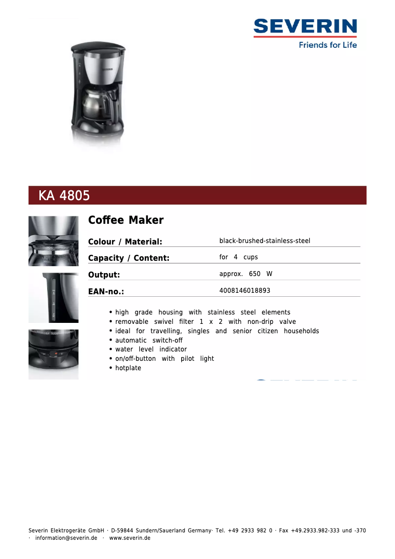 Page 1 de la notice Fiche technique Severin KA 4805