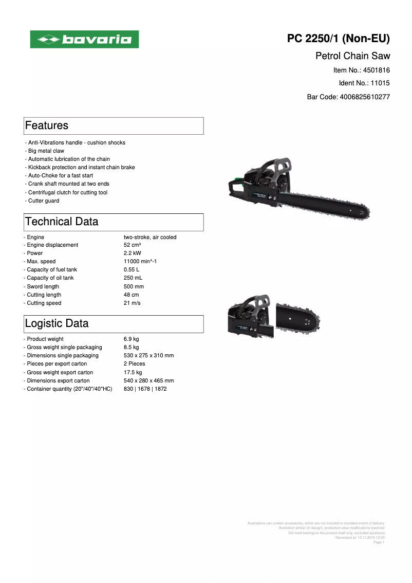 Page 1 de la notice Fiche technique Bavaria BPC 2250/1