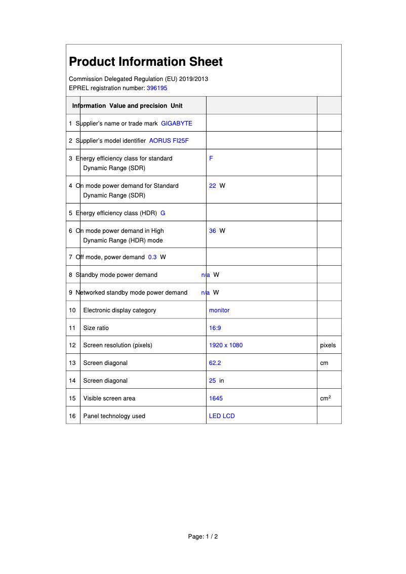 Page 1 de la notice Fiche technique Gigabyte AORUS FI25F