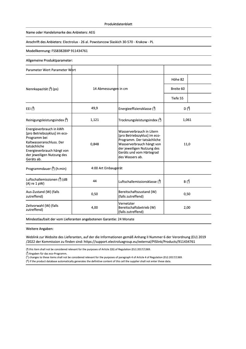 Page 1 de la notice Fiche technique AEG FSS83828XP
