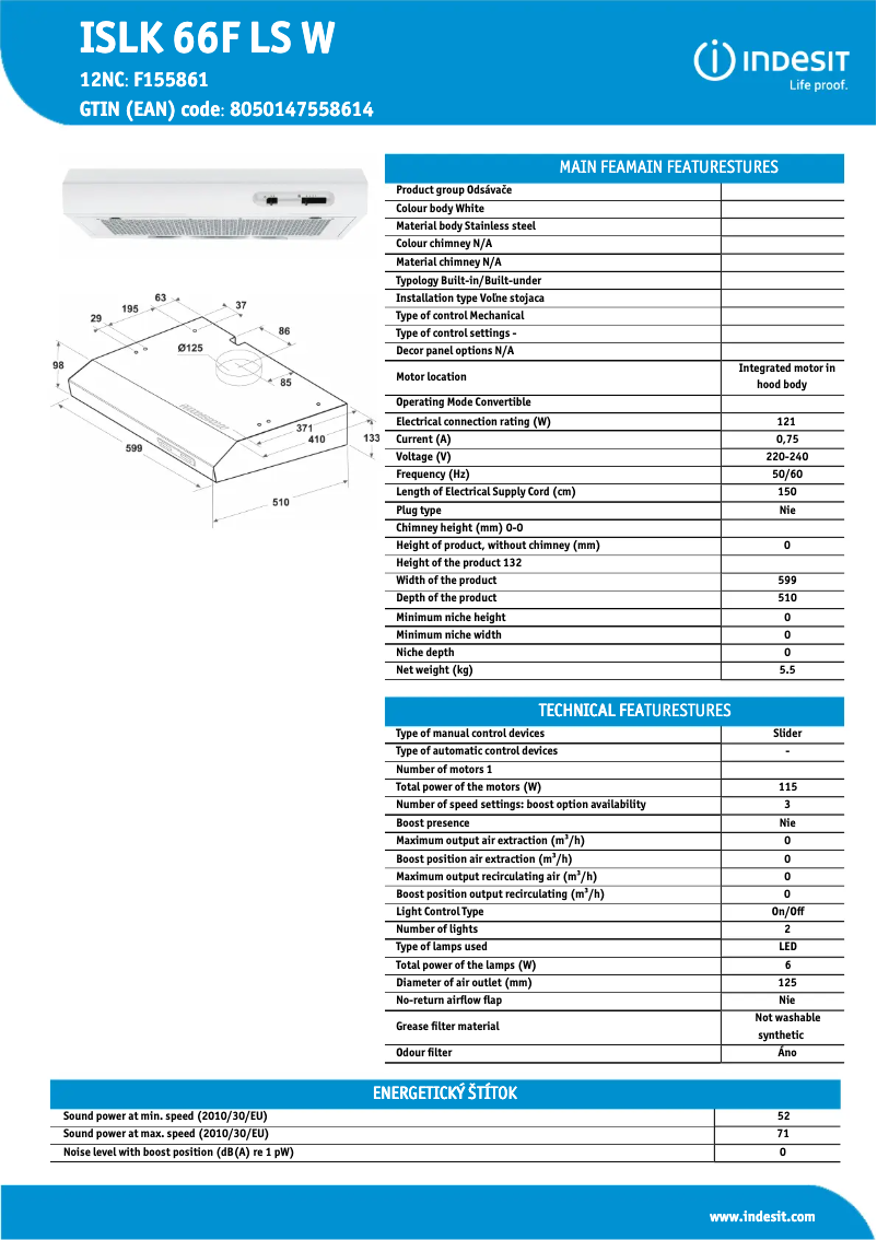 Page 1 de la notice Fiche technique Indesit ISLK 66F LS W