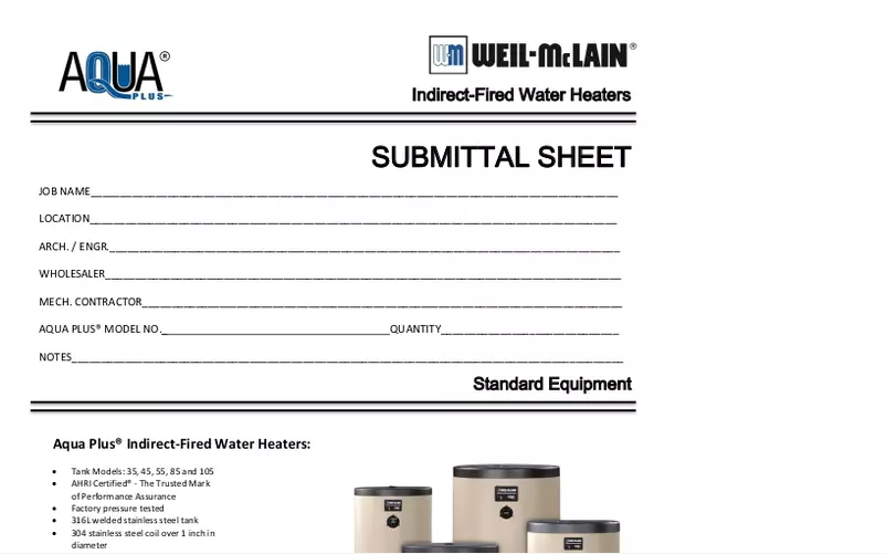 Page 1 de la notice Fiche technique Weil-McLain Aqua Plus