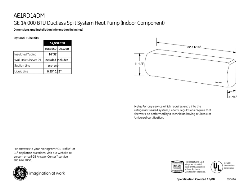 Page 1 de la notice Fiche technique GE AE1RD14DM