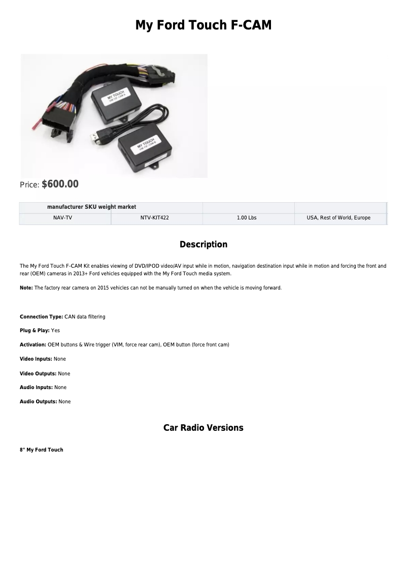 Page n°1 - Fiche technique NAV-TV NVT-KIT422