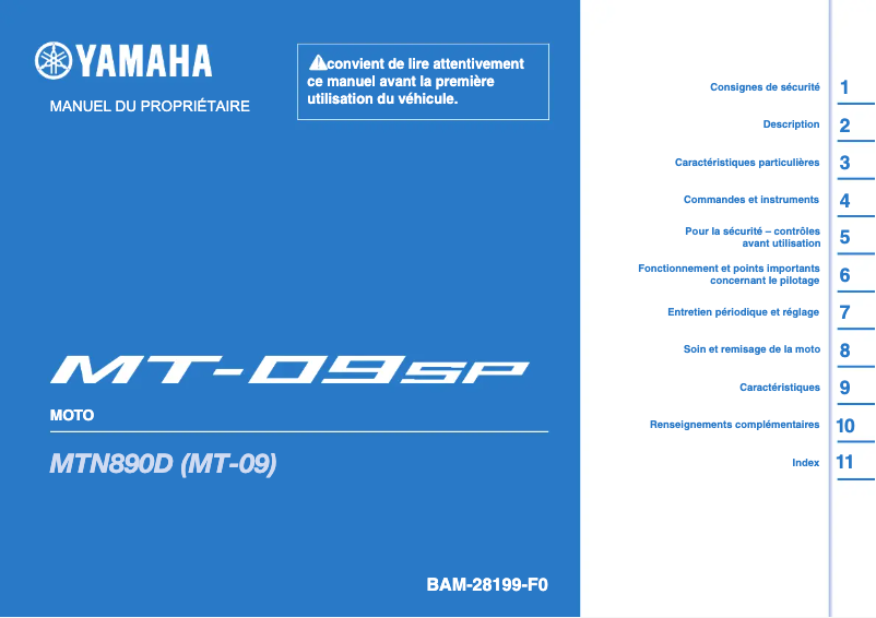 Page 1 de la notice Manuel utilisateur Yamaha MT09 SP (2021)