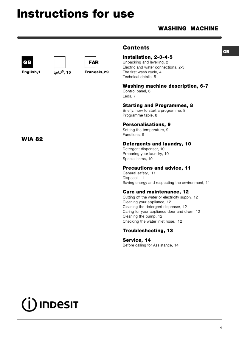 Page 1 de la notice Manuel utilisateur Indesit WIA 82 (EX) 60 HZ