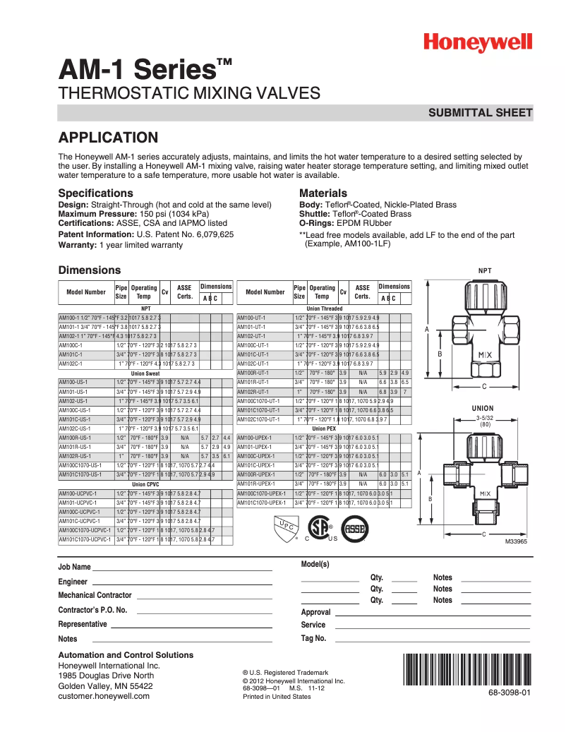 Page 1 de la notice Manuel utilisateur Honeywell R-AM-101C-US-1