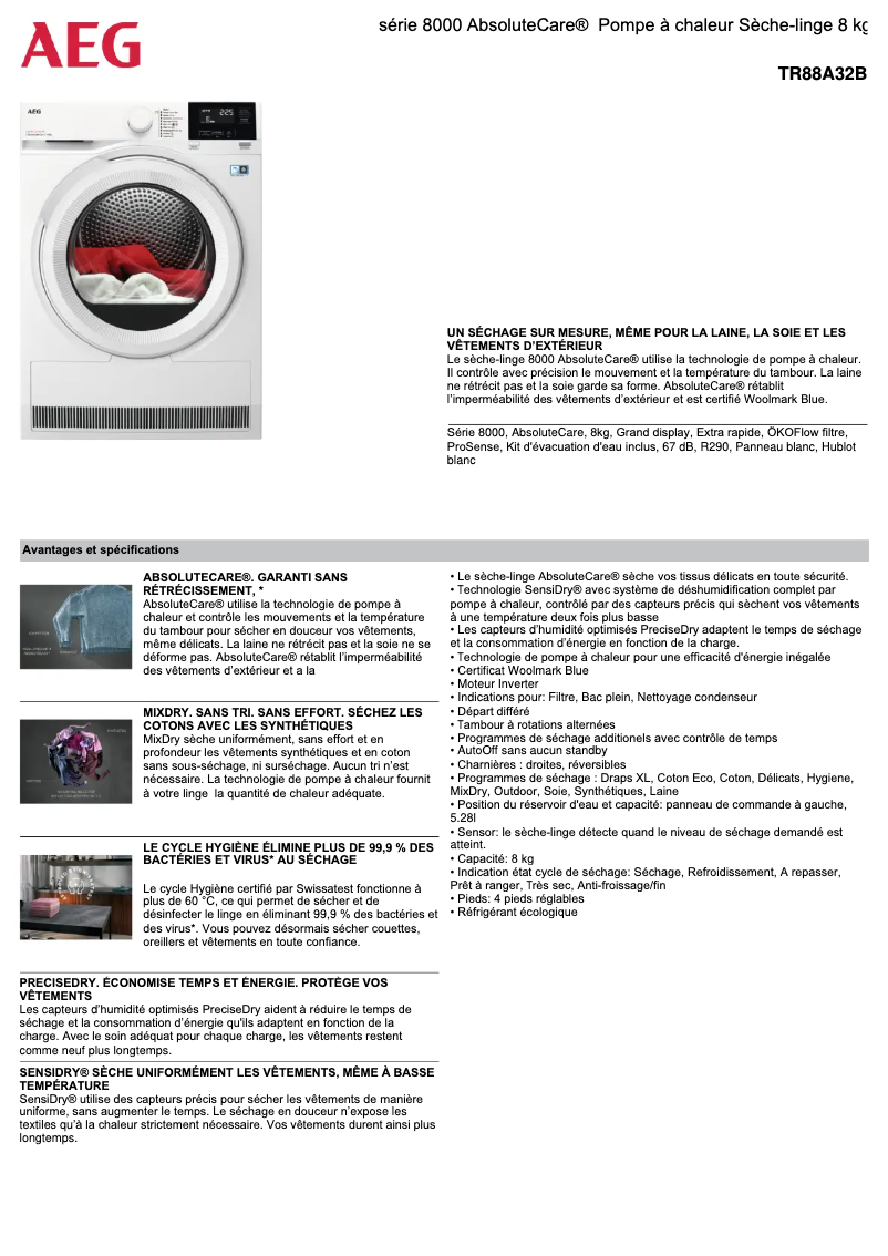 Page n°1 - Fiche technique AEG TR88A32B