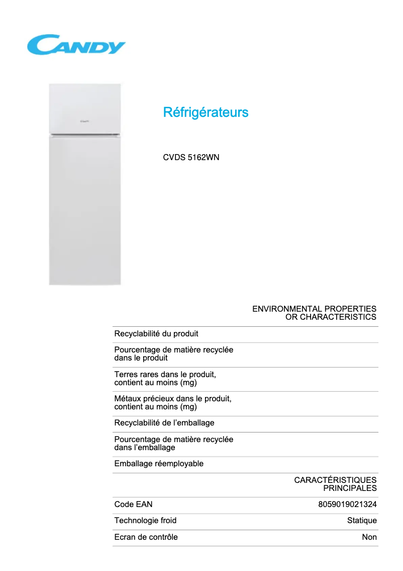 Page 1 de la notice Fiche technique Candy CVDS 5162WN