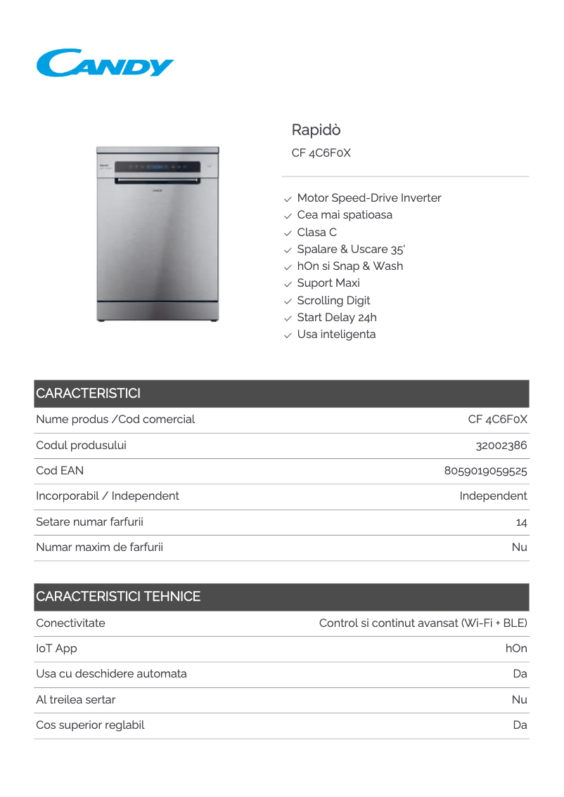 Page 1 de la notice Fiche technique Candy Rapido' CF 4C6F0X