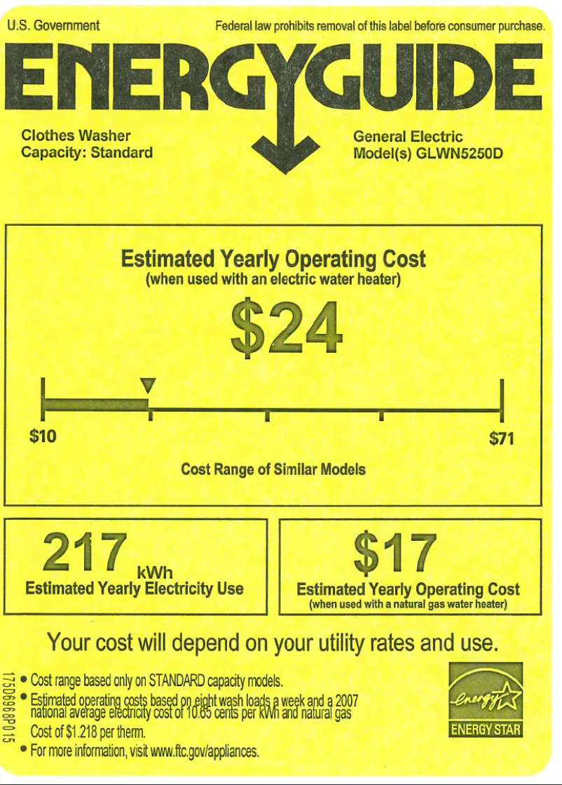 Page 1 de la notice Label énergétique GE GLWN5250DWW