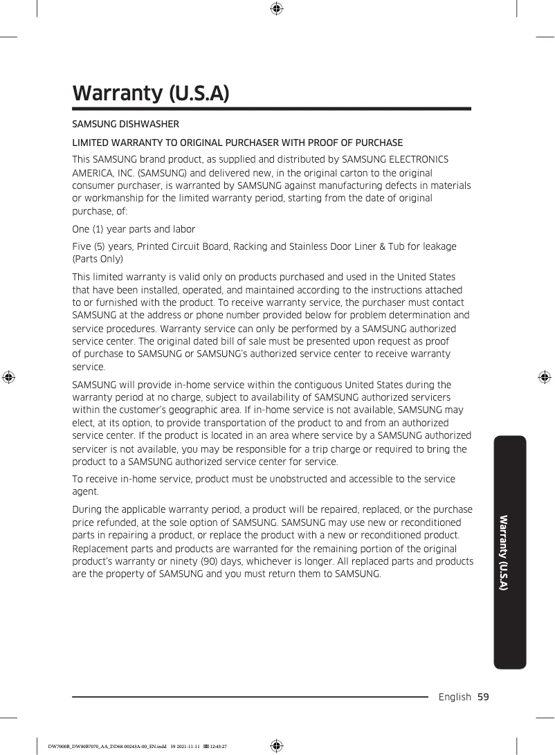 Page 1 de la notice Informations de garantie Samsung DW80B7070AP