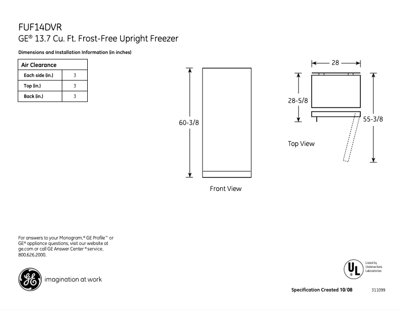 Page n°1 - Fiche technique GE FUF14DVRWW