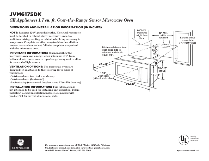 Page 1 de la notice Fiche technique GE JVM6175DKWW