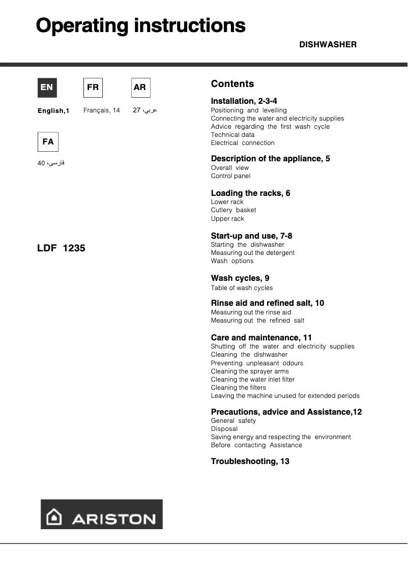 Page n°1 - Manuel utilisateur Hotpoint Ariston LDF 1235 X/HA
