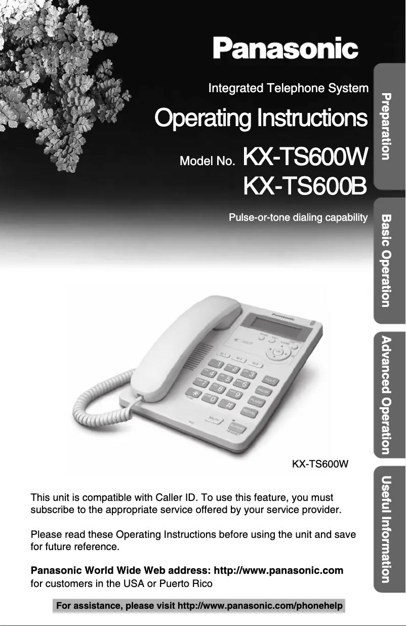 Image de la première page du manuel de l'appareil KX-TS600B