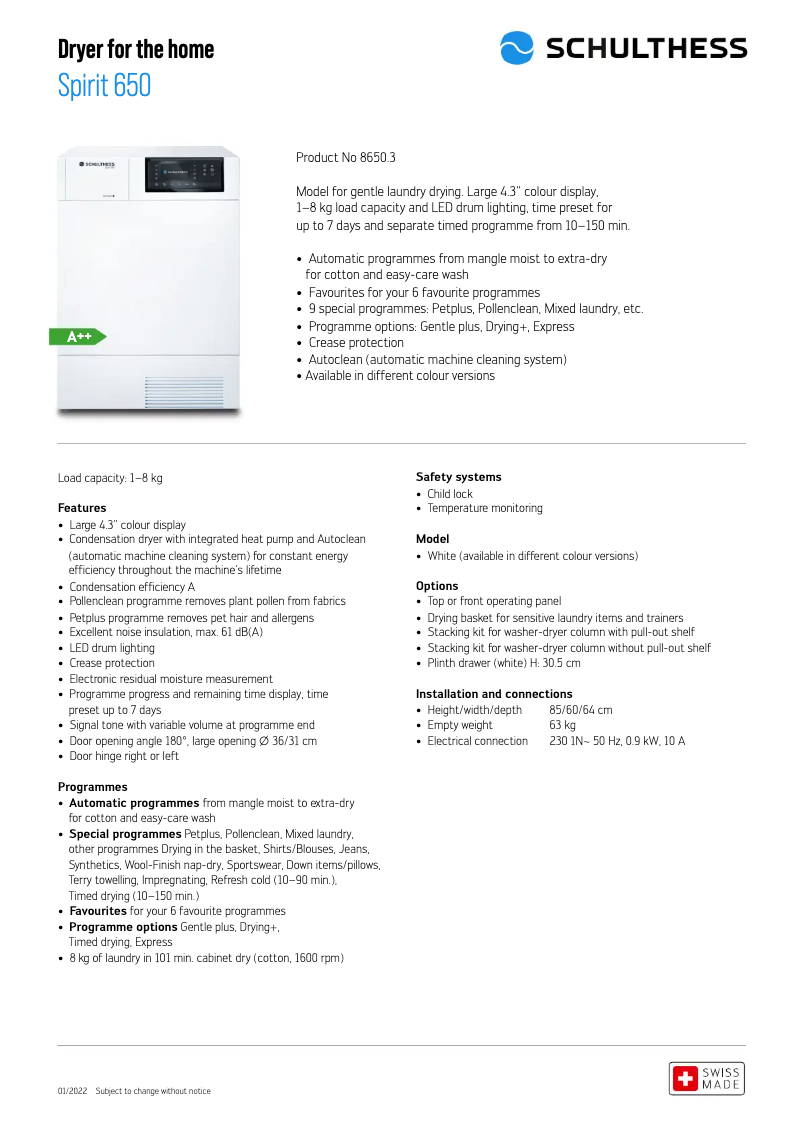 Page 1 de la notice Fiche technique Schulthess Spirit 650