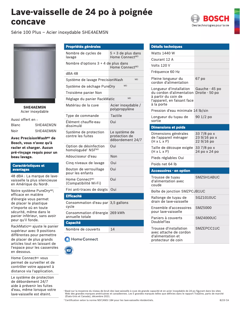 Page 1 de la notice Fiche technique Bosch SHE4AEM5N