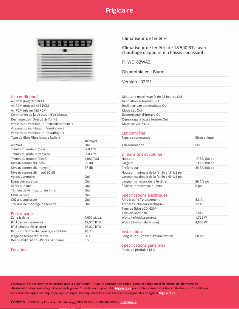 Page n°1 - Fiche technique Frigidaire FHWE182WA2