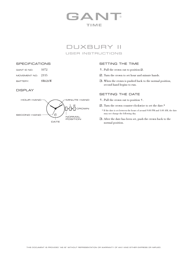 Page n°1 - Manuel utilisateur Gant Duxbury II 1072