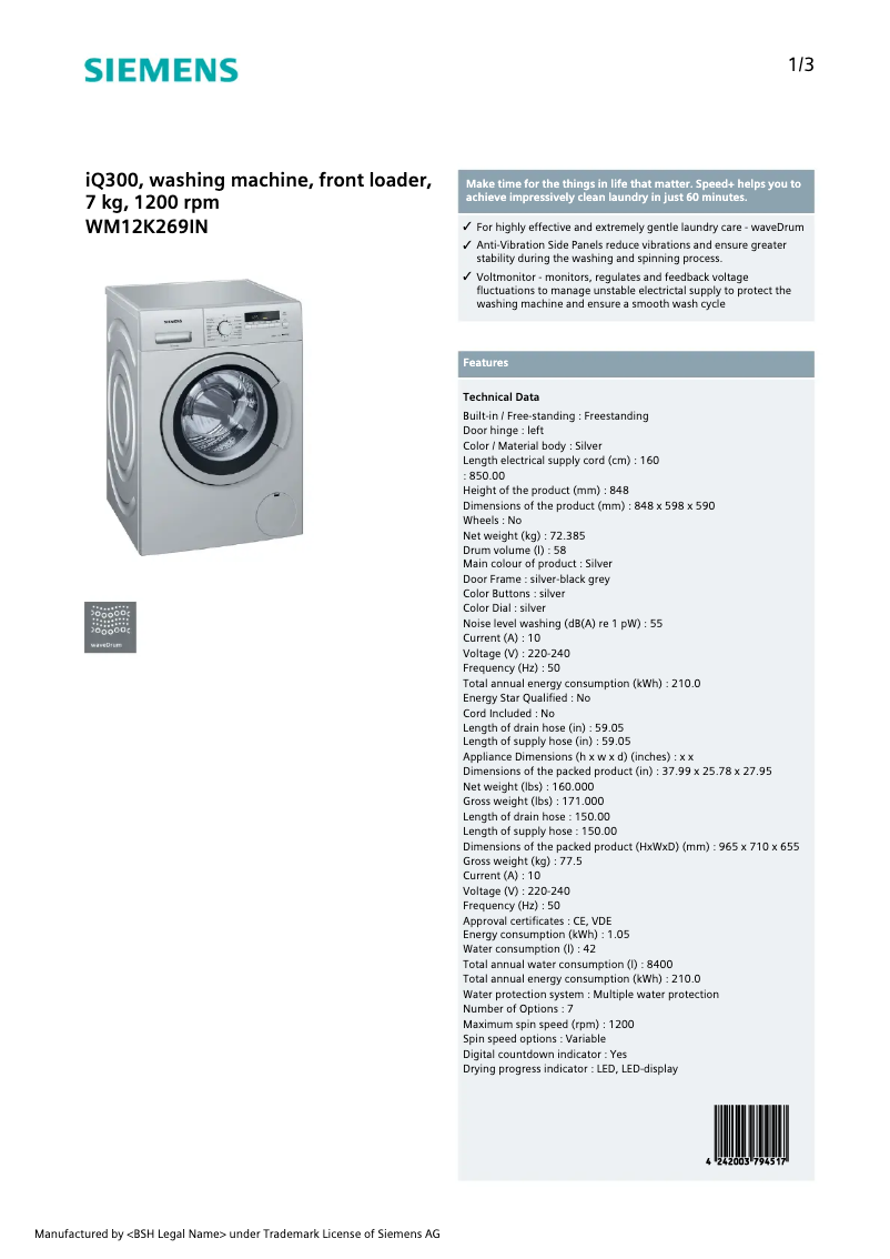 Image de la première page du manuel de l'appareil WM12K269IN