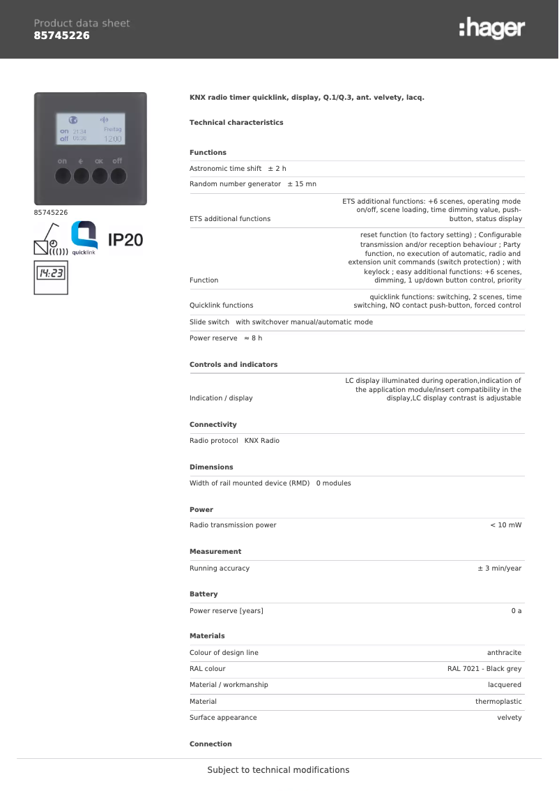 Page n°1 - Fiche technique Hager 85745226