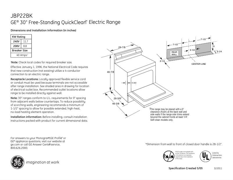 First page image of the manual for JBP22BKWH
