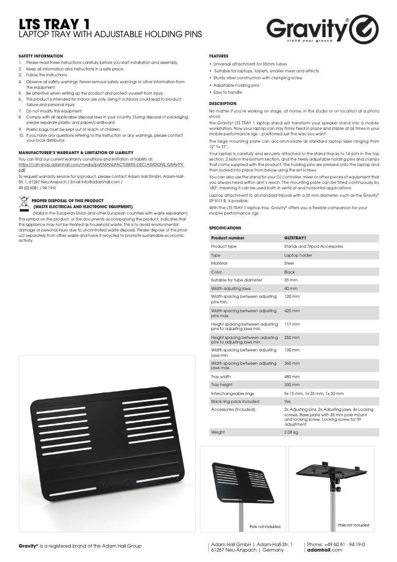 Page 1 de la notice Manuel utilisateur Gravity LTS Tray 1