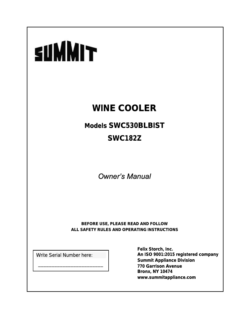 Page 1 de la notice Mode d'emploi Summit SWC182Z
