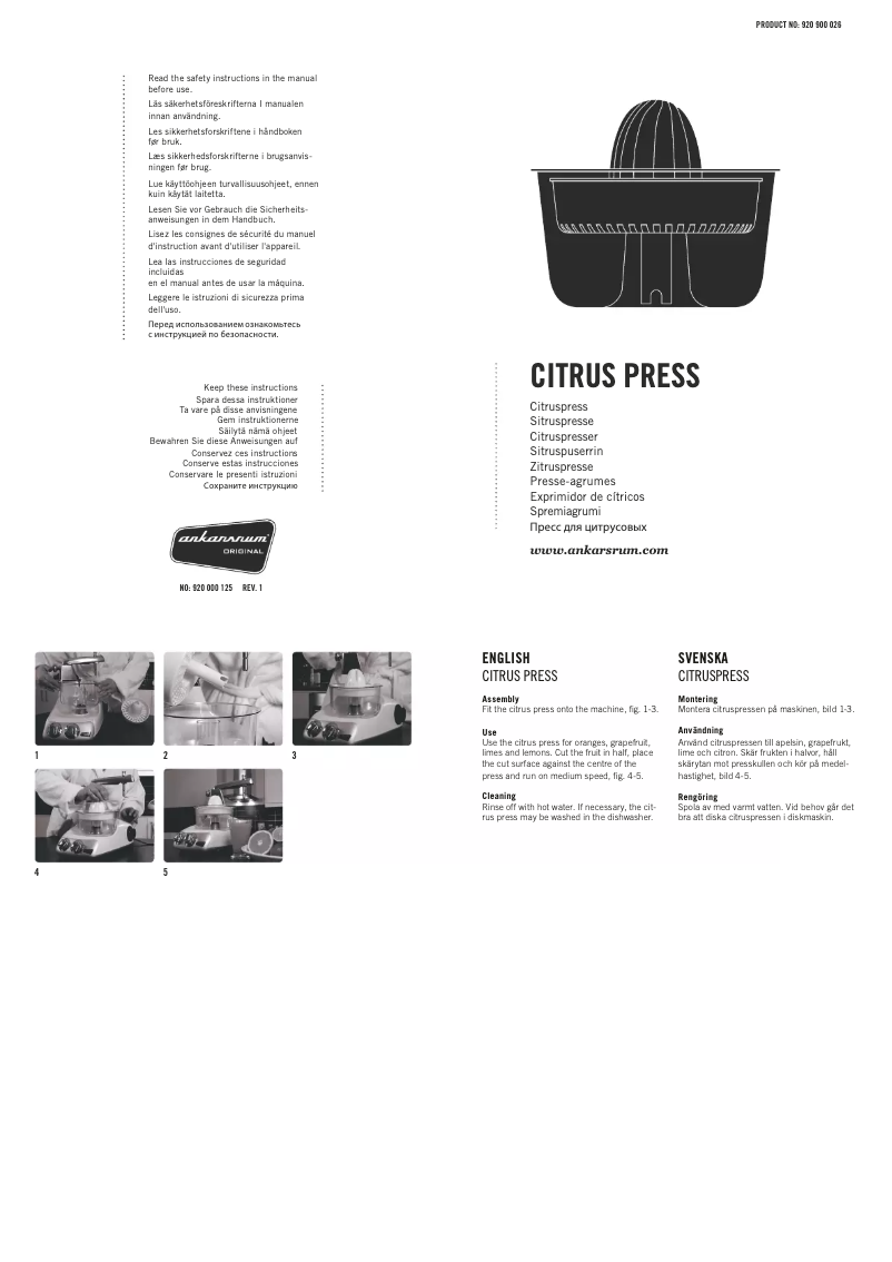 Page n°1 - Manuel utilisateur Ankarsrum Citrus Press