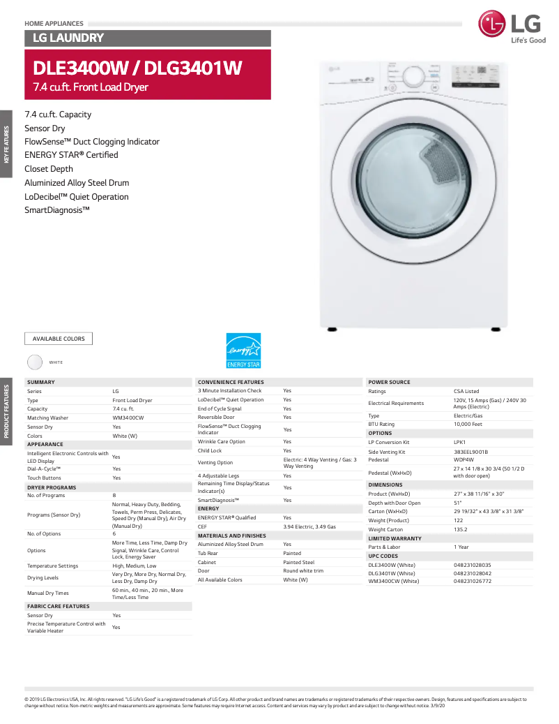 Page 1 de la notice Fiche technique LG DLG3401W