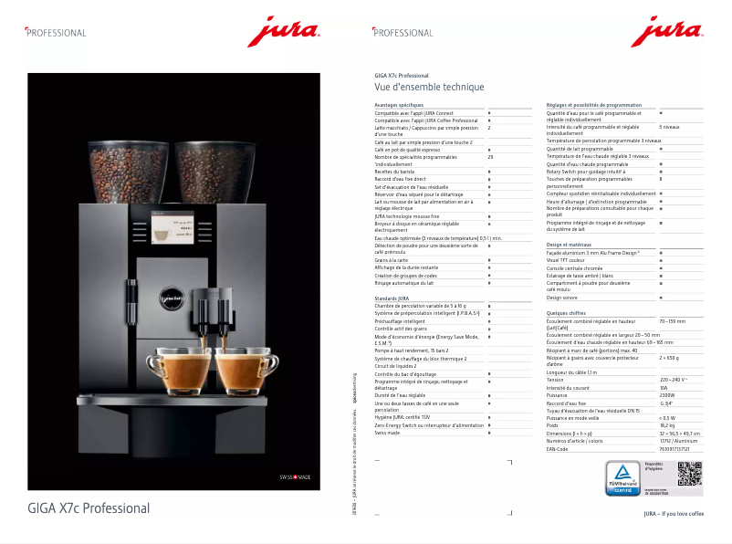 Page 1 de la notice Fiche technique Jura GIGA X7c Professional