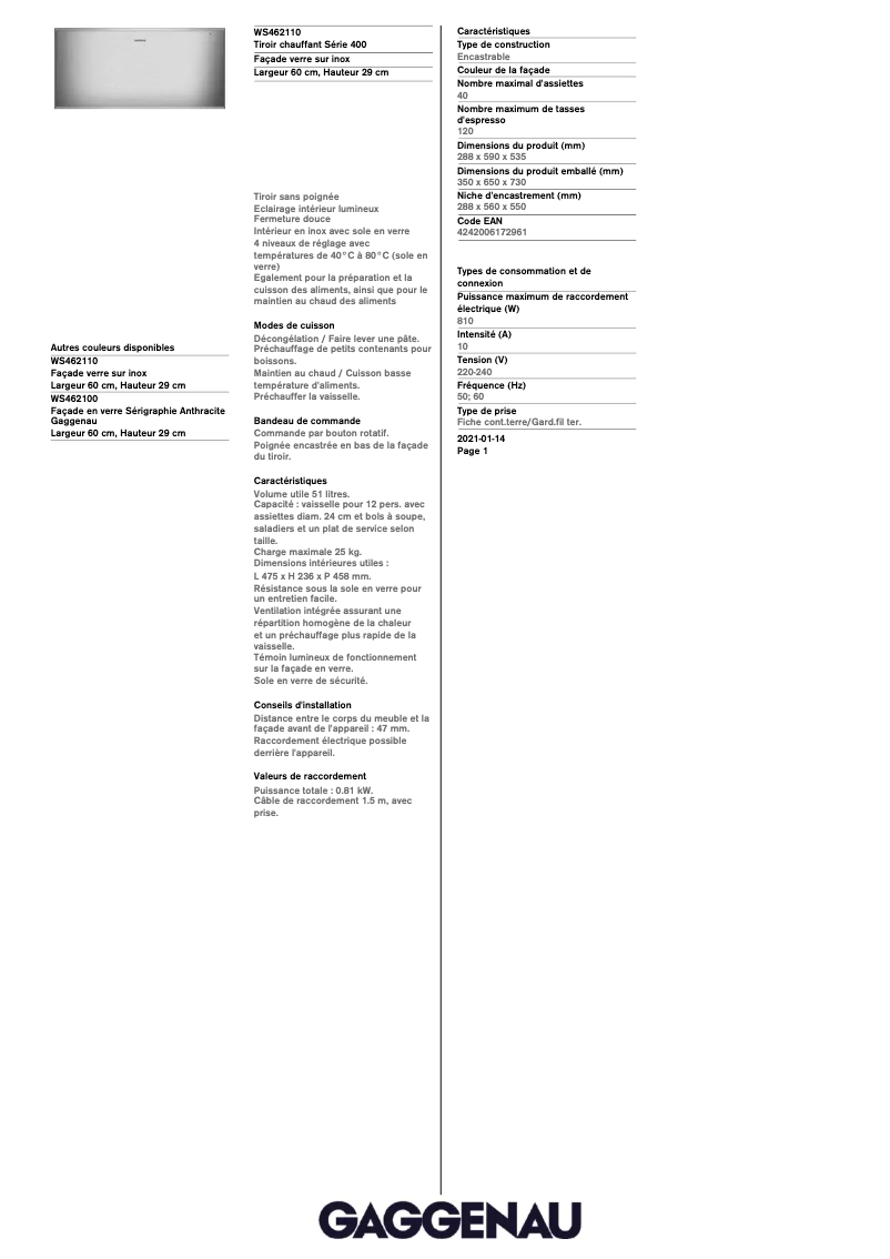 Page 1 de la notice Fiche technique Gaggenau WS462110