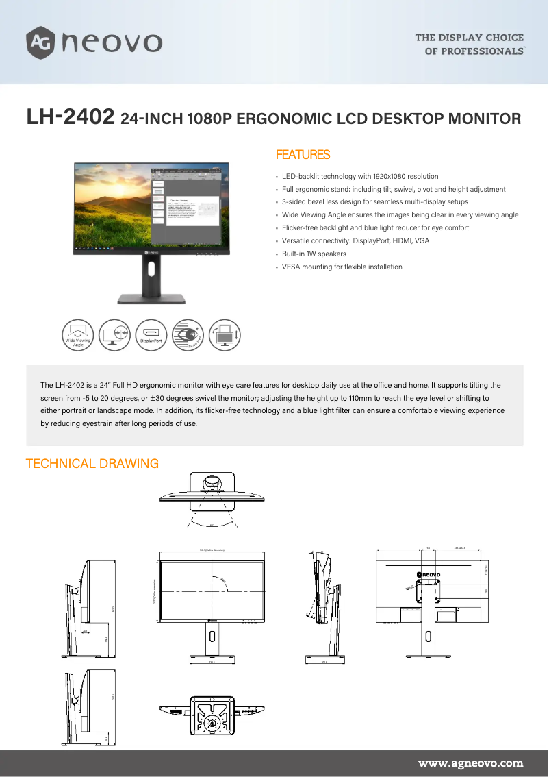 Page 1 de la notice Fiche technique AG Neovo LH-2402