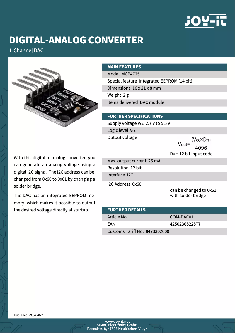 First page image of the manual for COM-DAC01