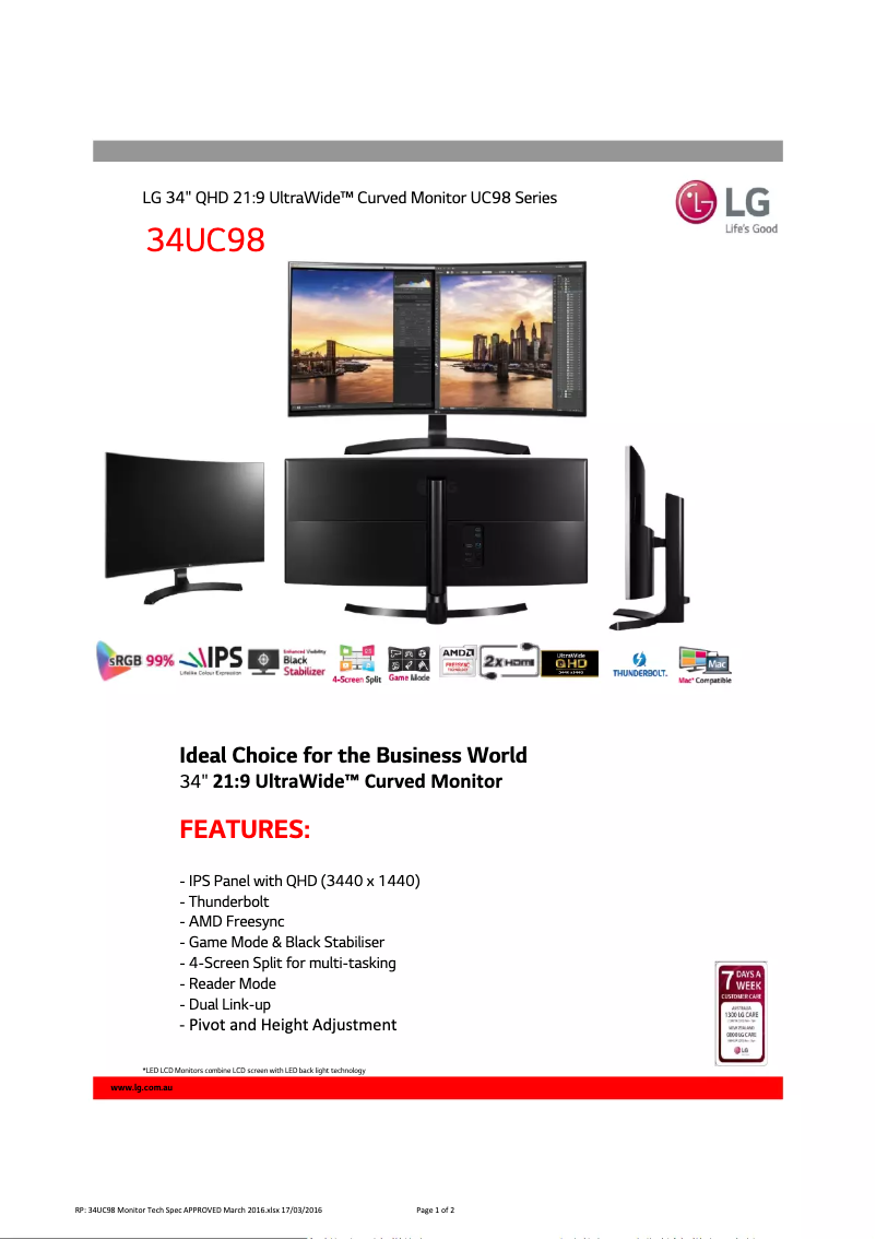 Page 1 de la notice Fiche technique LG 34UC98-W