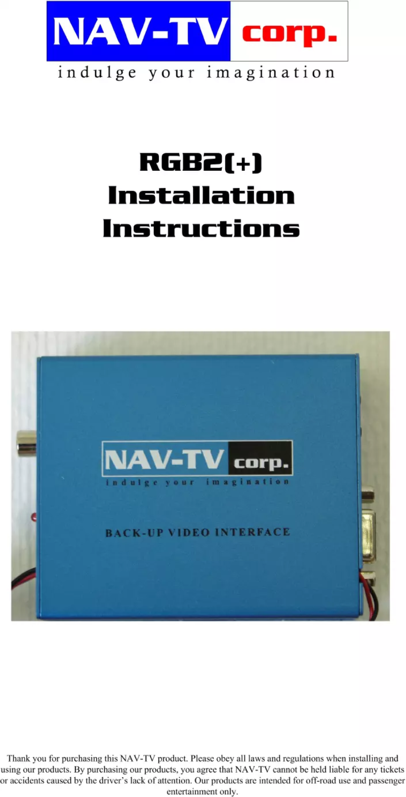 Page n°1 - Manuel utilisateur NAV-TV RGB2+ NTV-KIT038