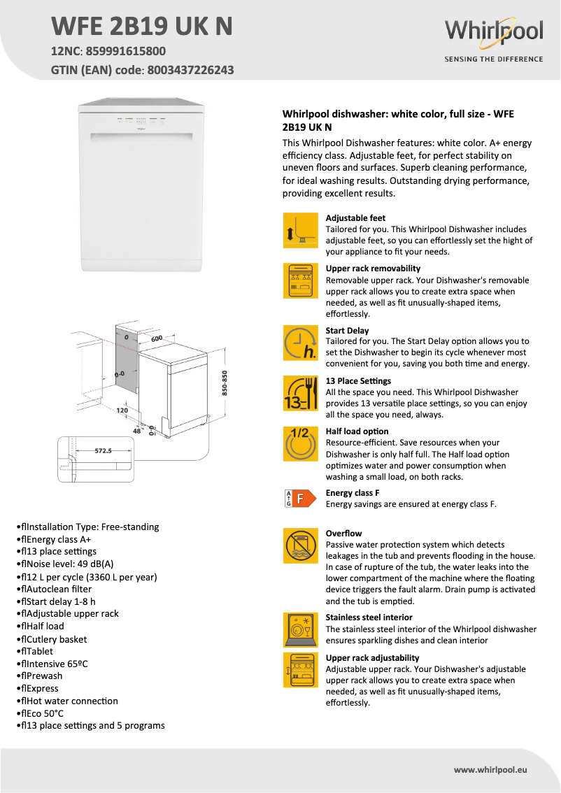 Page 1 de la notice Fiche technique Whirlpool WFE 2B19 UK N
