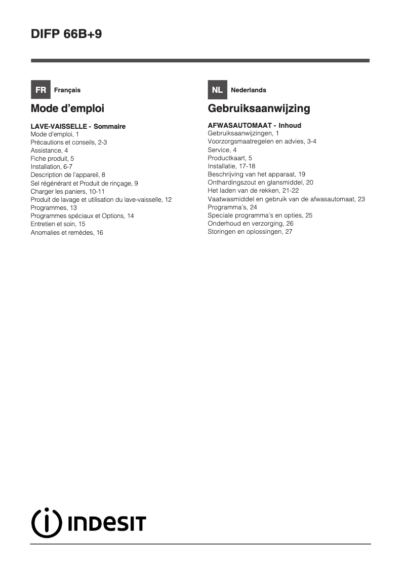 Page 1 de la notice Manuel utilisateur Indesit DIFP 66B+9 EU