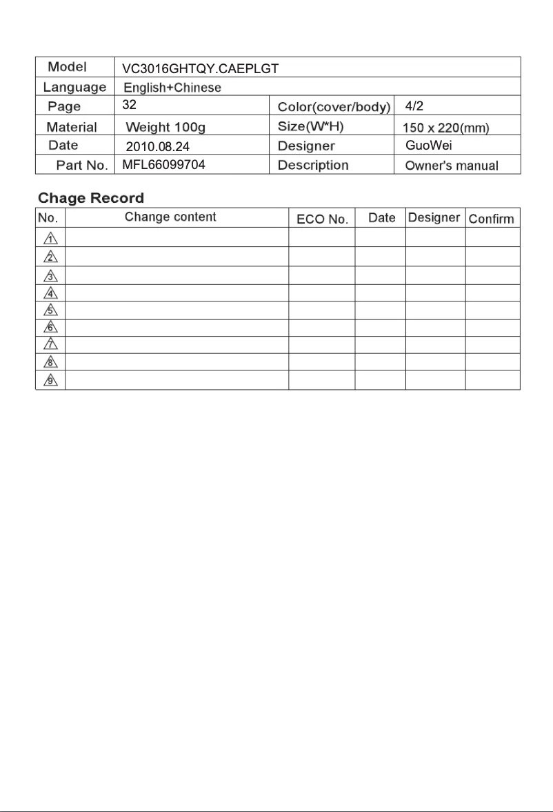 Page 1 de la notice Manuel utilisateur LG VC3016GHTQY