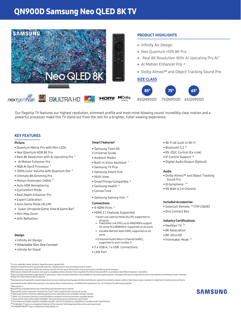 Page 1 de la notice Fiche technique Samsung QN75QN900DF