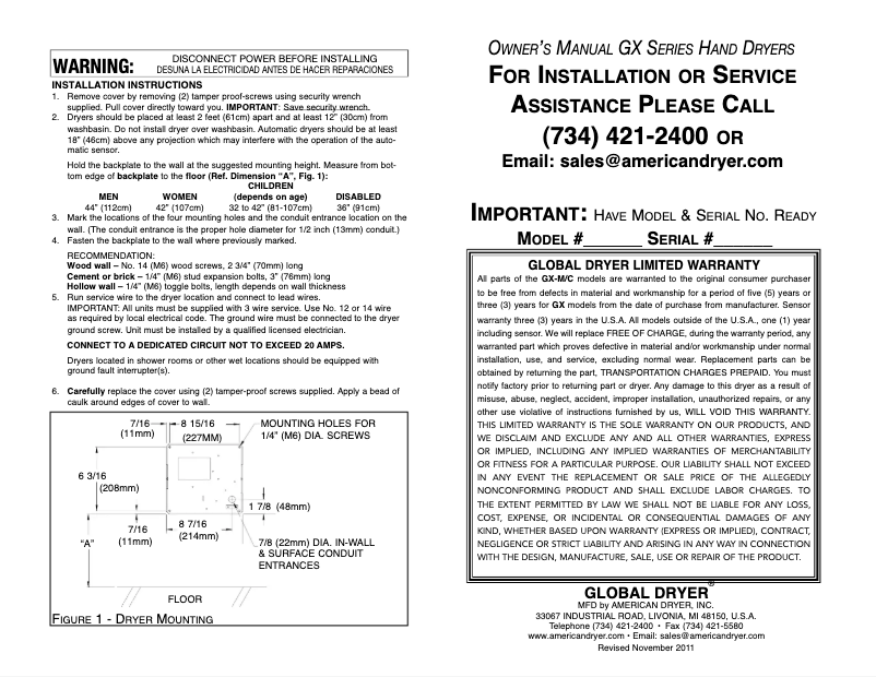 Page n°1 - Manuel utilisateur American Dryer ExtremeAir GX1