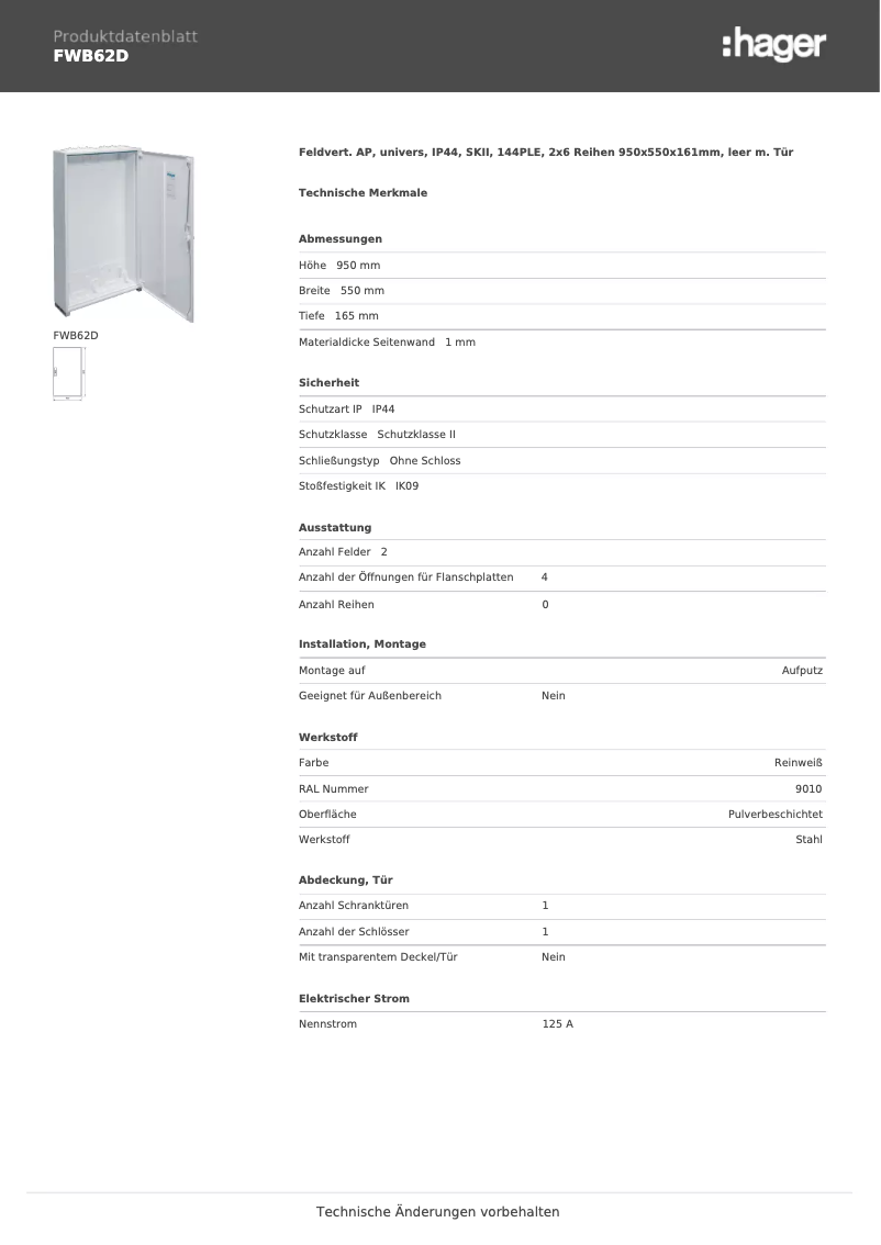 Page 1 de la notice Fiche technique Hager FWB62D