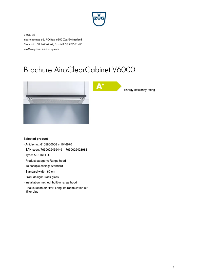Page 1 de la notice Brochure V-Zug AiroClearCabinet V6000
