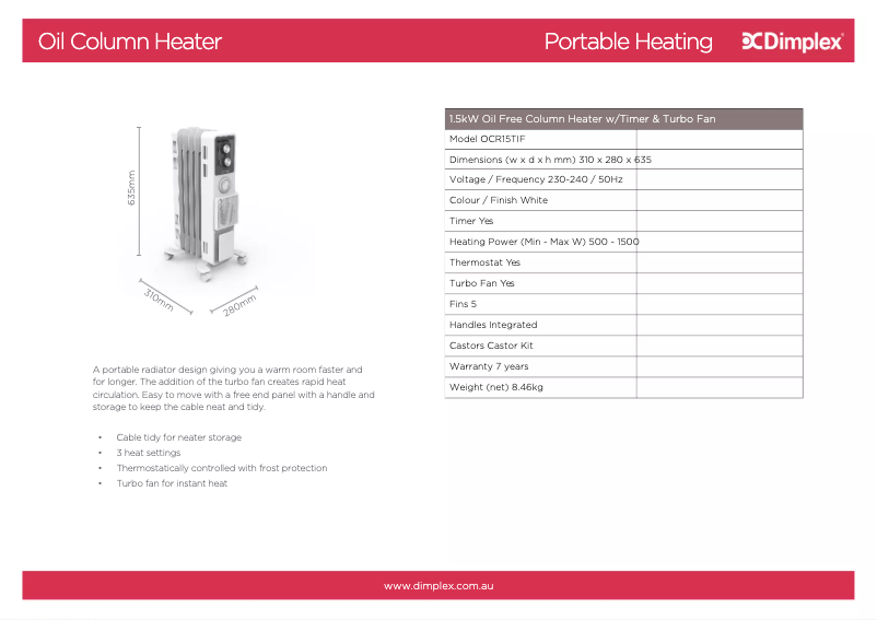 Page 1 de la notice Fiche technique Dimplex OCR15TIF